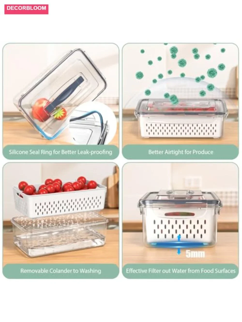 5-Piece Airtight Food Storage Container Set with Colanders and Handles,